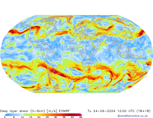 Deep layer shear (0-6km) ECMWF  24.09.2024 12 UTC