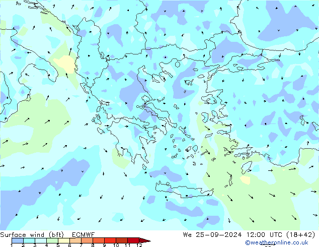 Wind 10 m (bft) ECMWF wo 25.09.2024 12 UTC