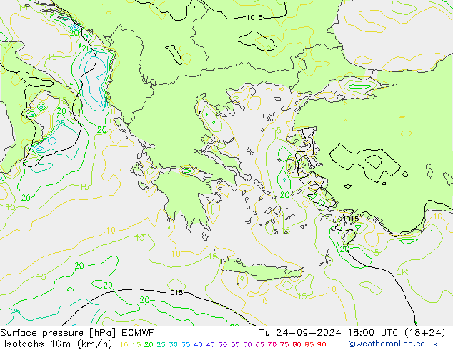 Isotachs (kph) ECMWF mar 24.09.2024 18 UTC