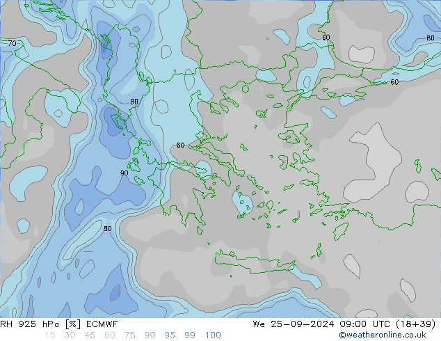 RH 925 hPa ECMWF We 25.09.2024 09 UTC