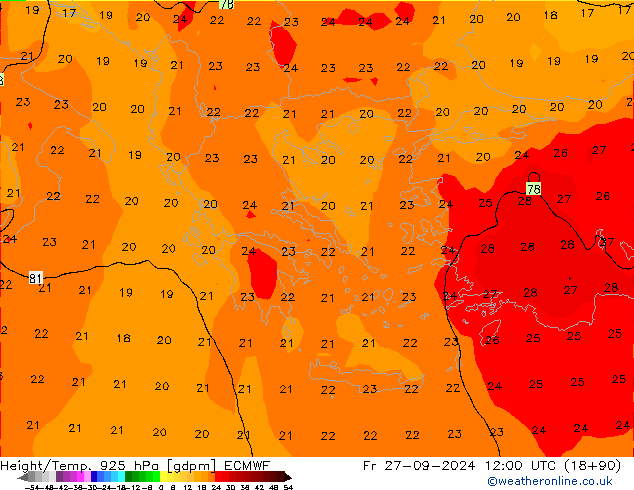 Height/Temp. 925 hPa ECMWF Pá 27.09.2024 12 UTC