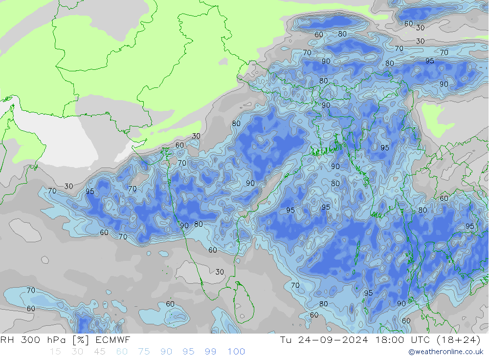 RH 300 hPa ECMWF Út 24.09.2024 18 UTC