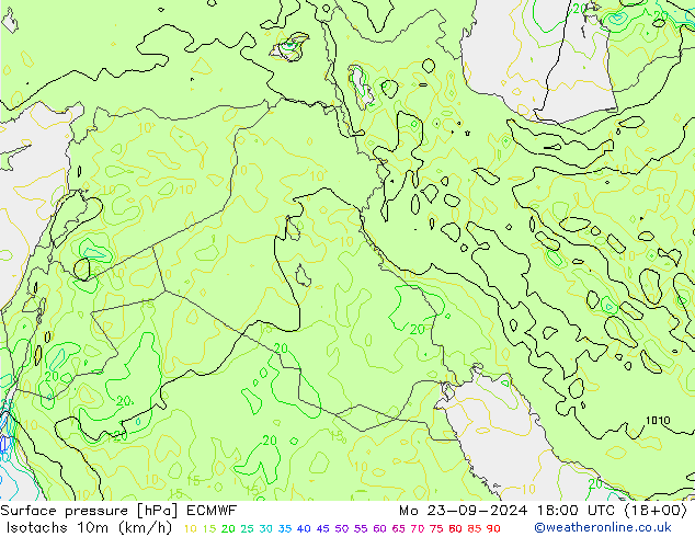 Isotachs (kph) ECMWF Mo 23.09.2024 18 UTC