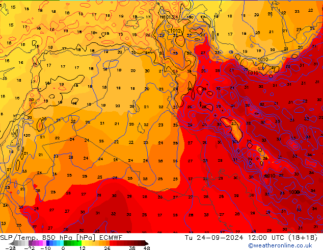 SLP/Temp. 850 hPa ECMWF Di 24.09.2024 12 UTC