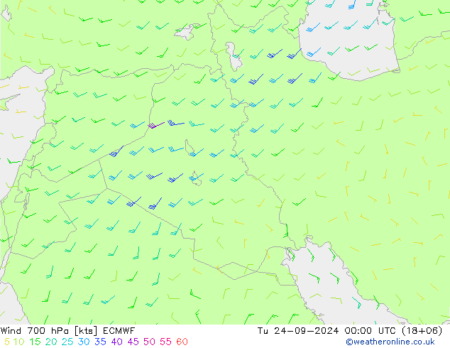 Wind 700 hPa ECMWF Út 24.09.2024 00 UTC