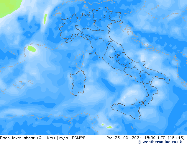 Deep layer shear (0-1km) ECMWF We 25.09.2024 15 UTC