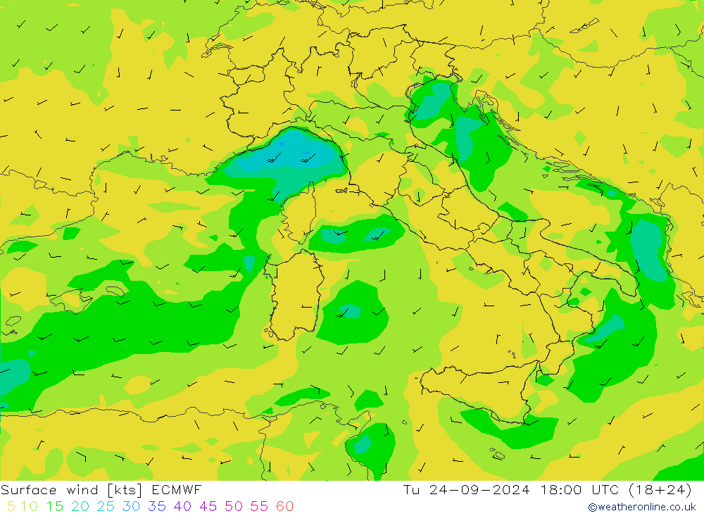 ветер 10 m ECMWF вт 24.09.2024 18 UTC