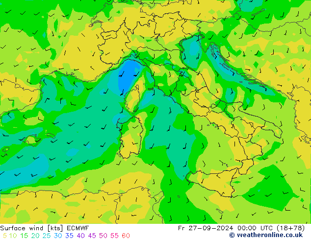 Surface wind ECMWF Pá 27.09.2024 00 UTC