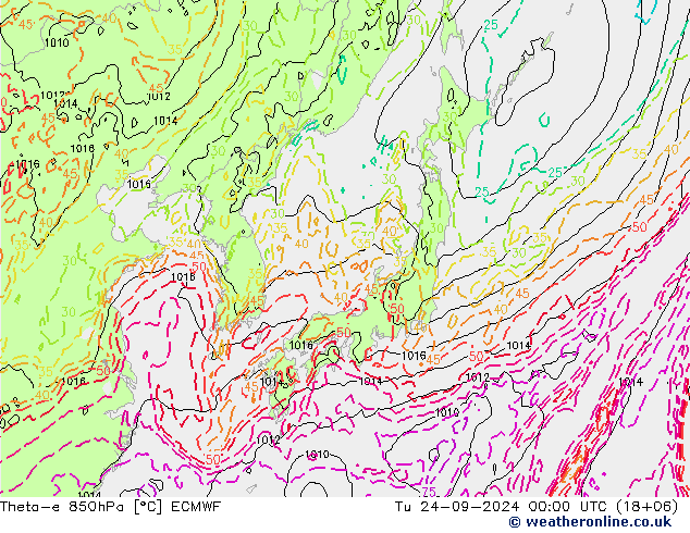 Theta-e 850hPa ECMWF wto. 24.09.2024 00 UTC