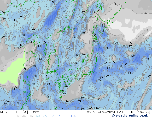 Humidité rel. 850 hPa ECMWF mer 25.09.2024 03 UTC