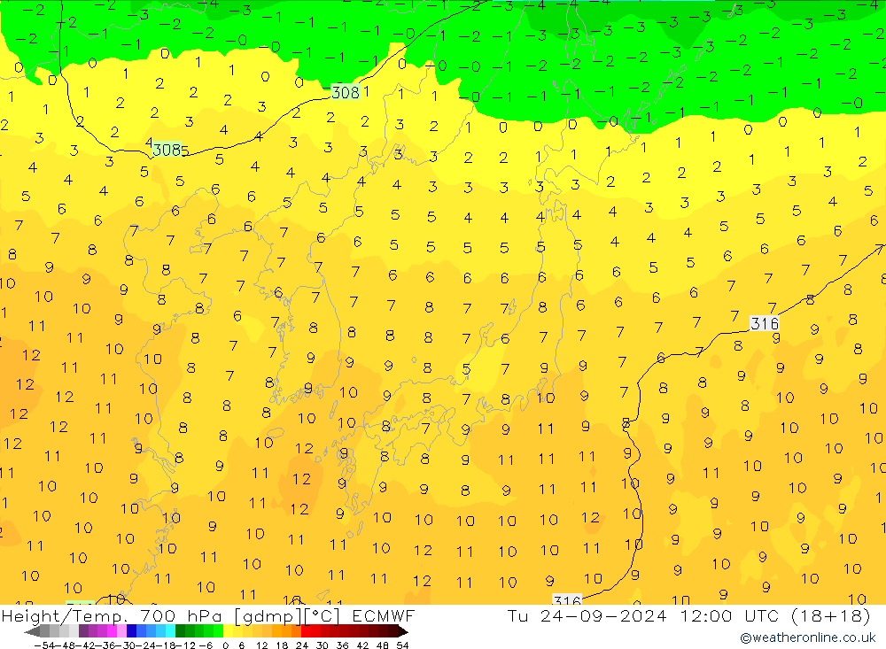 Height/Temp. 700 hPa ECMWF wto. 24.09.2024 12 UTC