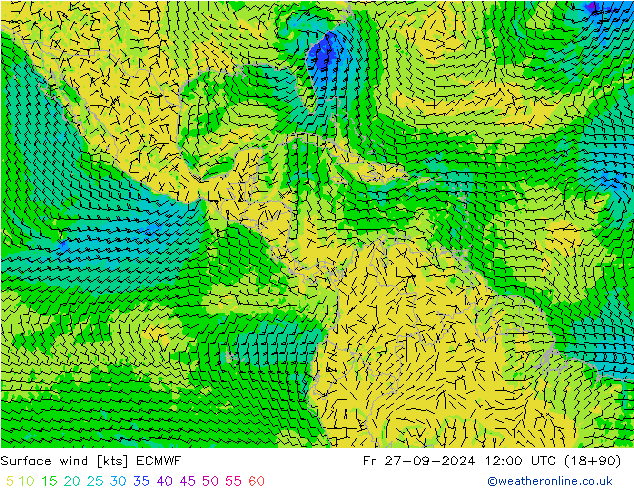 Vento 10 m ECMWF Sex 27.09.2024 12 UTC