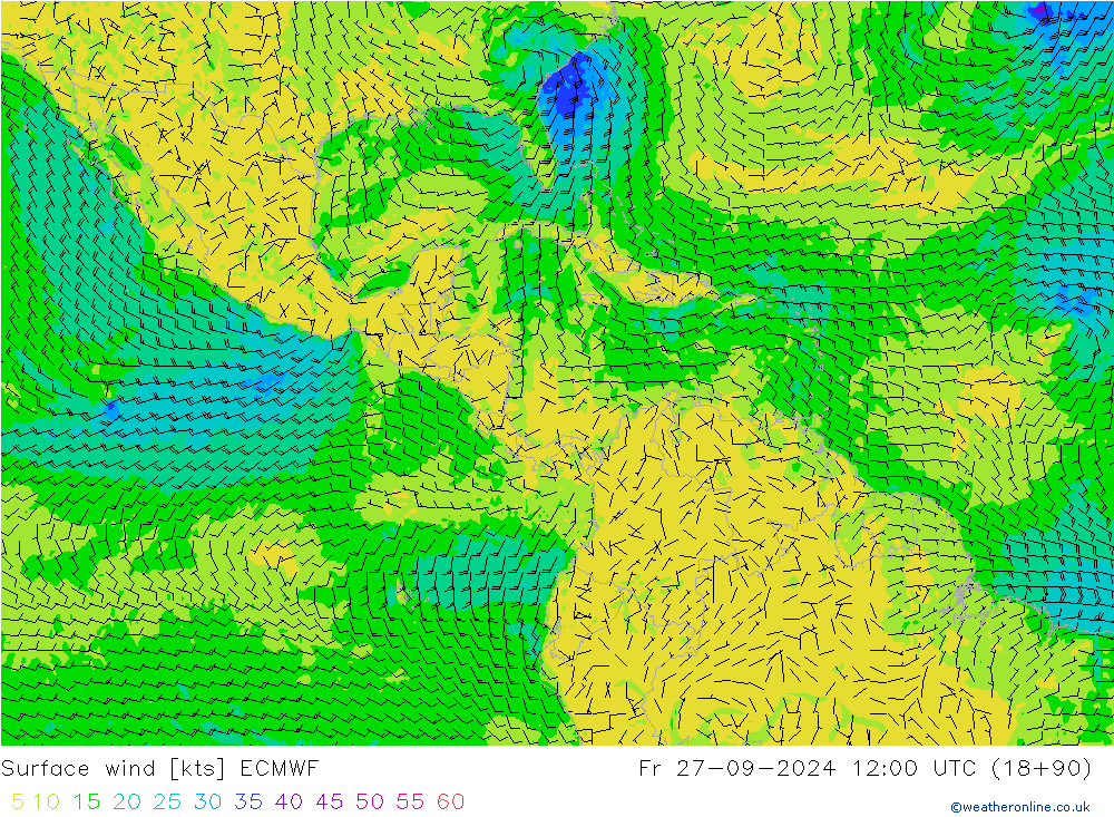 Vento 10 m ECMWF Sex 27.09.2024 12 UTC