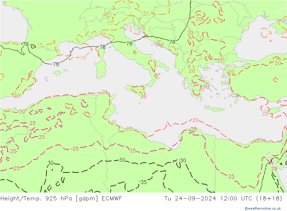 Height/Temp. 925 hPa ECMWF Tu 24.09.2024 12 UTC