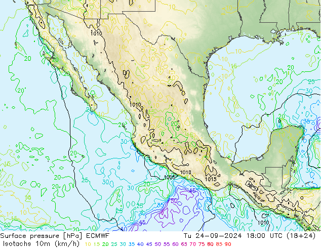 Isotachs (kph) ECMWF Tu 24.09.2024 18 UTC