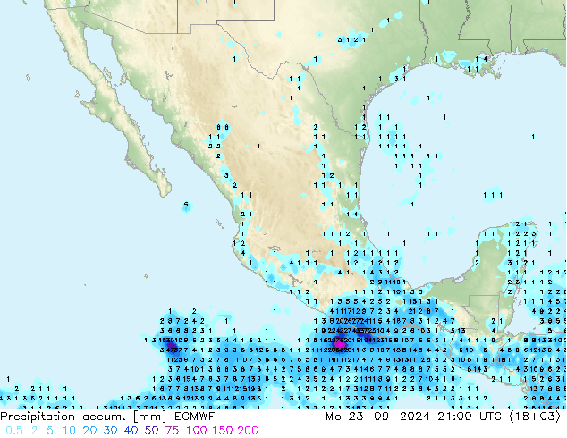 Precipitation accum. ECMWF Mo 23.09.2024 21 UTC