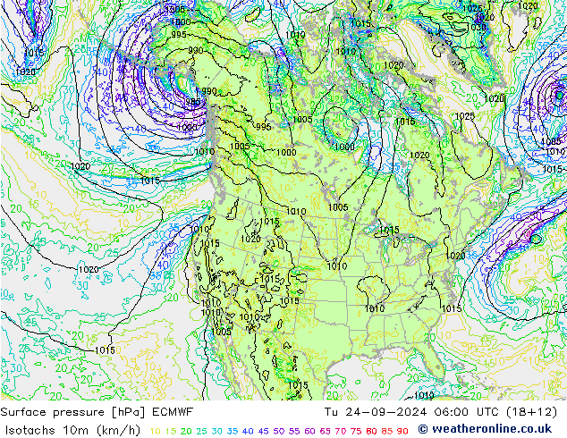 Izotacha (km/godz) ECMWF wto. 24.09.2024 06 UTC