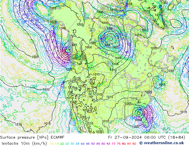 Isotachs (kph) ECMWF Sex 27.09.2024 06 UTC