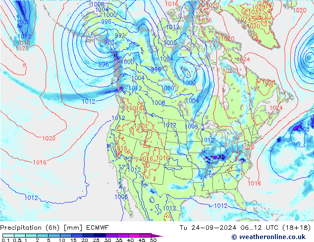 Z500/Rain (+SLP)/Z850 ECMWF Út 24.09.2024 12 UTC