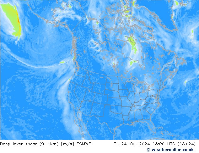 Deep layer shear (0-1km) ECMWF Di 24.09.2024 18 UTC