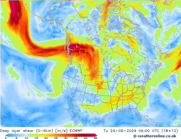 Deep layer shear (0-6km) ECMWF вт 24.09.2024 06 UTC