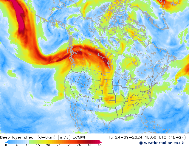 Deep layer shear (0-6km) ECMWF Tu 24.09.2024 18 UTC