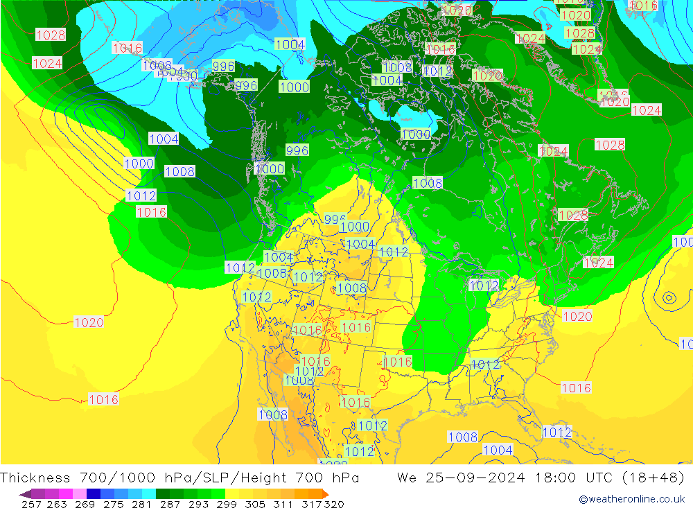 Thck 700-1000 hPa ECMWF mer 25.09.2024 18 UTC