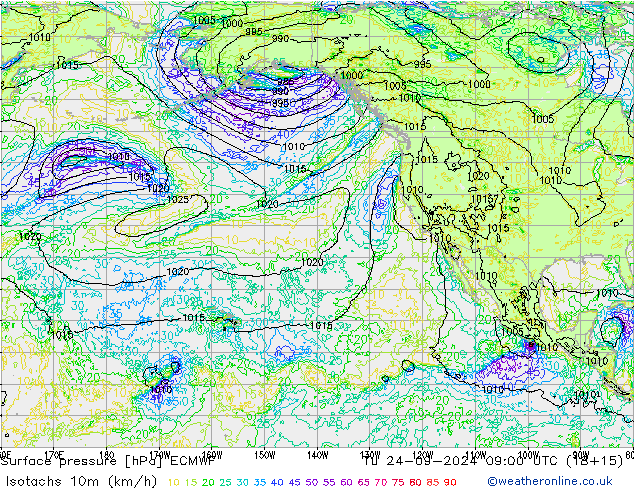 Eşrüzgar Hızları (km/sa) ECMWF Sa 24.09.2024 09 UTC