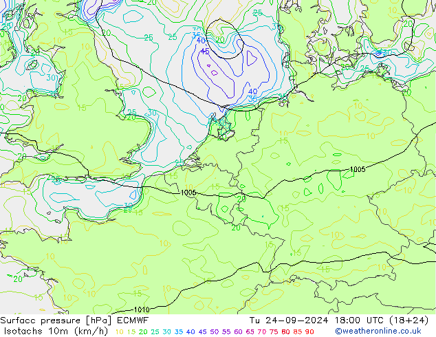 Isotachs (kph) ECMWF mar 24.09.2024 18 UTC