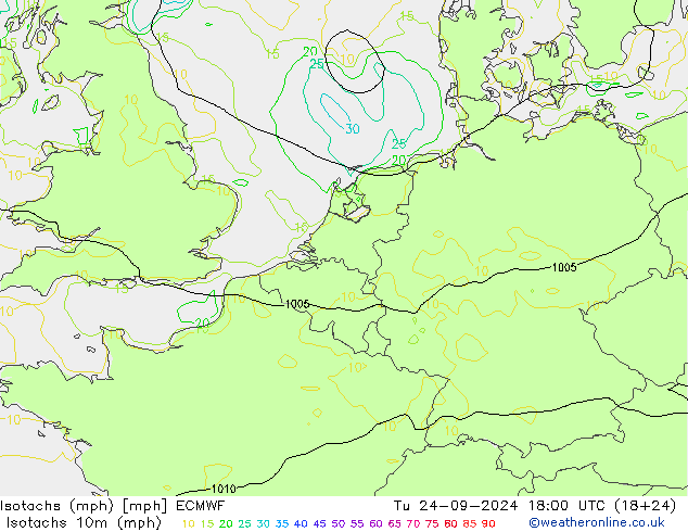 Isotachs (mph) ECMWF Tu 24.09.2024 18 UTC