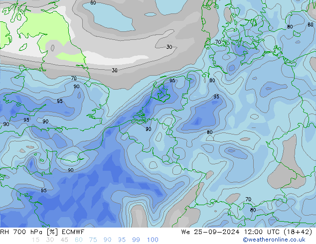 RH 700 гПа ECMWF ср 25.09.2024 12 UTC