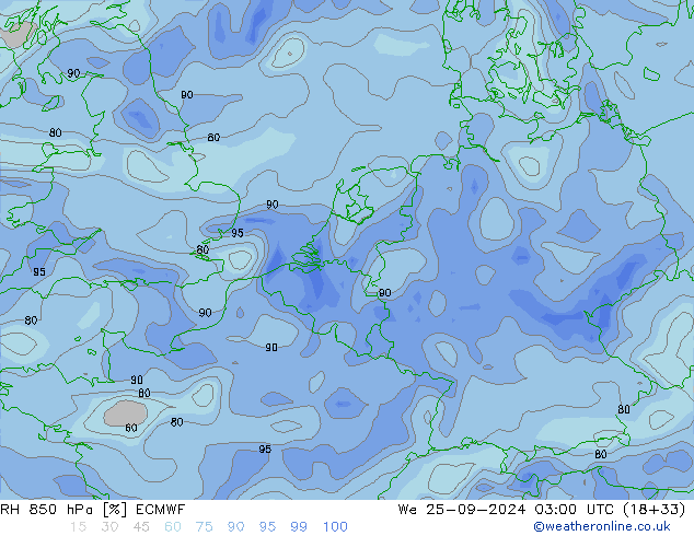 RH 850 hPa ECMWF śro. 25.09.2024 03 UTC