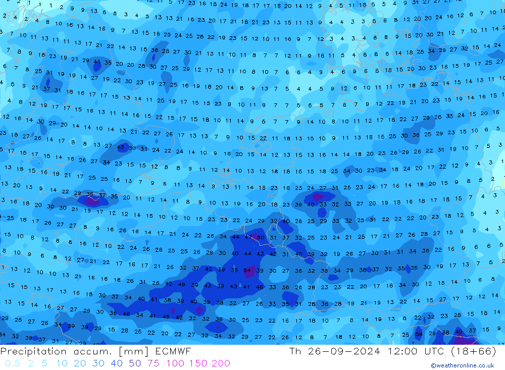 Precipitation accum. ECMWF czw. 26.09.2024 12 UTC