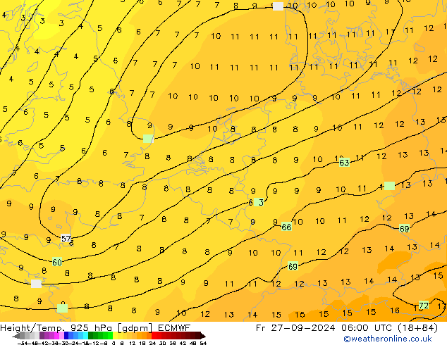 Height/Temp. 925 hPa ECMWF Fr 27.09.2024 06 UTC