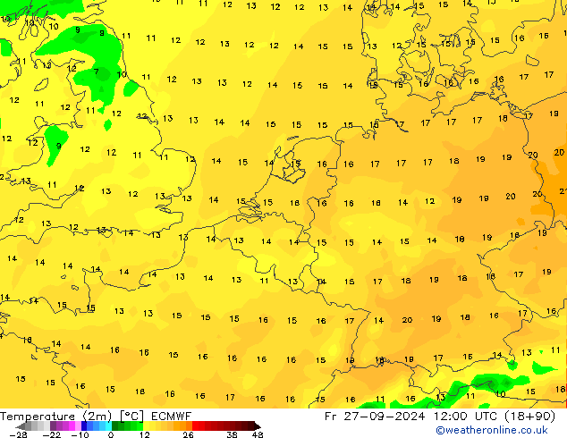 Temperature (2m) ECMWF Pá 27.09.2024 12 UTC