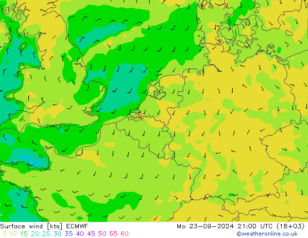 Viento 10 m ECMWF lun 23.09.2024 21 UTC