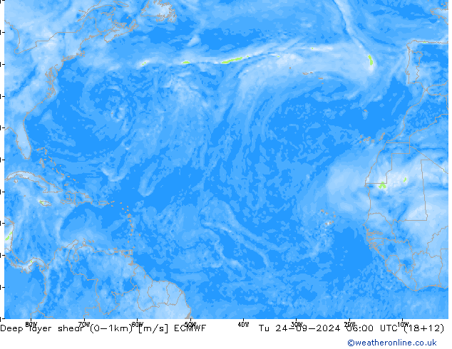 Deep layer shear (0-1km) ECMWF di 24.09.2024 06 UTC