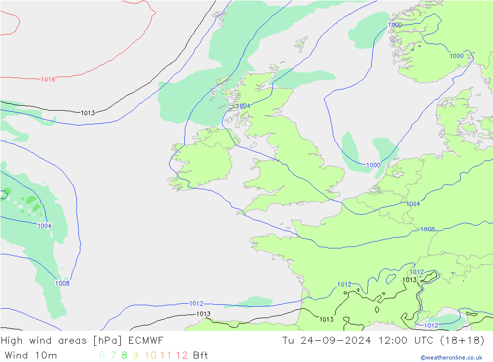 High wind areas ECMWF вт 24.09.2024 12 UTC