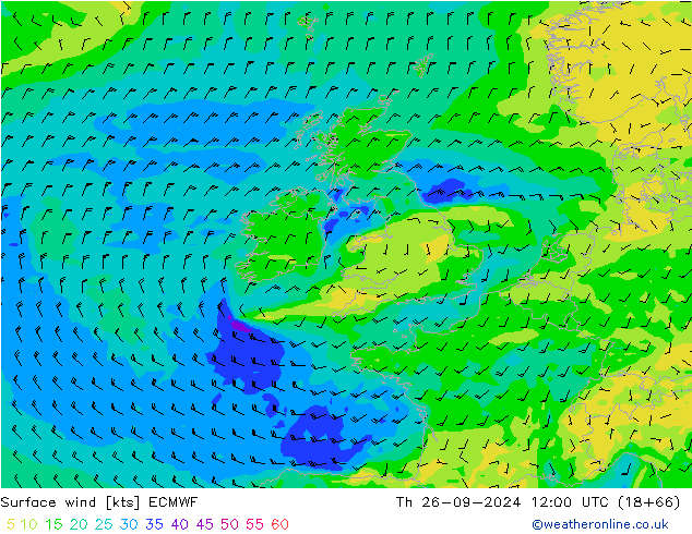 Vento 10 m ECMWF gio 26.09.2024 12 UTC