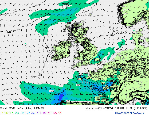 Rüzgar 850 hPa ECMWF Pzt 23.09.2024 18 UTC