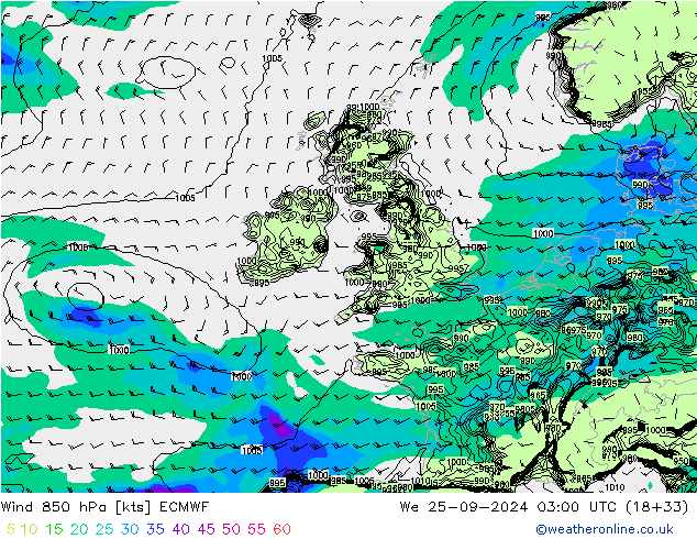 wiatr 850 hPa ECMWF śro. 25.09.2024 03 UTC