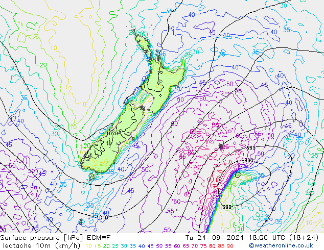 Isotachs (kph) ECMWF Tu 24.09.2024 18 UTC