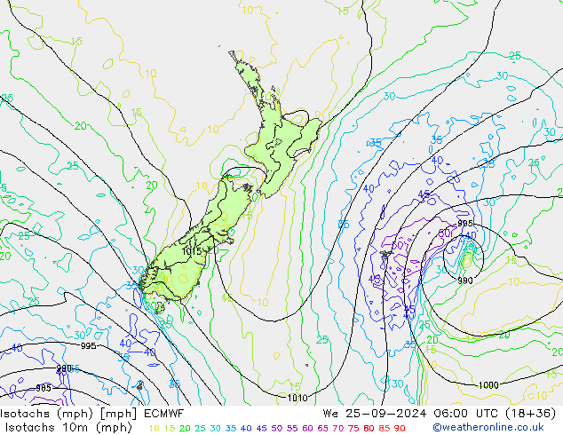 Isotachs (mph) ECMWF St 25.09.2024 06 UTC