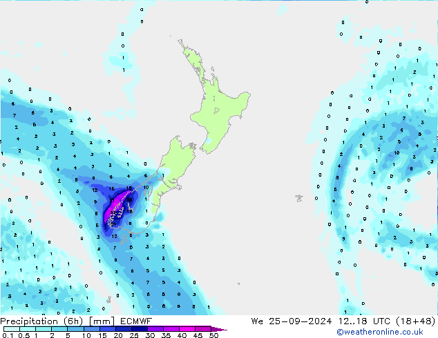 Precipitation (6h) ECMWF We 25.09.2024 18 UTC