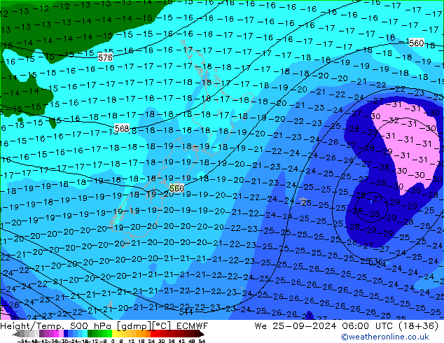 Height/Temp. 500 hPa ECMWF St 25.09.2024 06 UTC