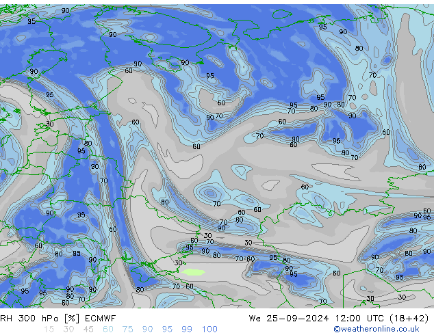 RH 300 hPa ECMWF We 25.09.2024 12 UTC