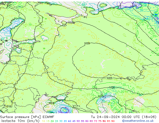 Isotachen (km/h) ECMWF di 24.09.2024 00 UTC