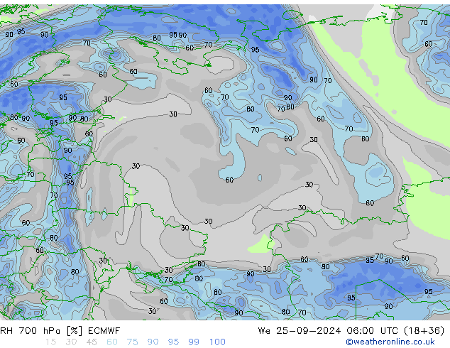 RH 700 hPa ECMWF Qua 25.09.2024 06 UTC