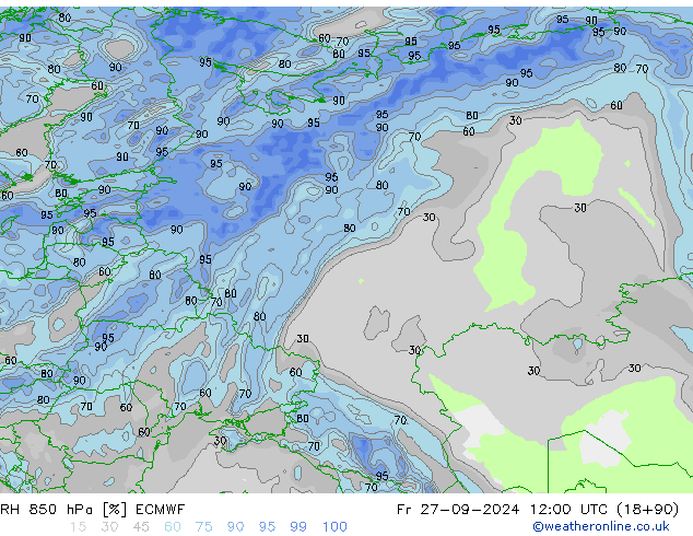 RH 850 hPa ECMWF ven 27.09.2024 12 UTC