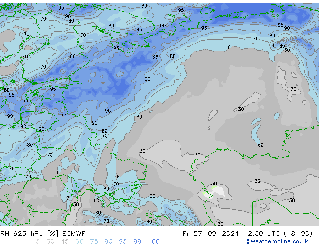 RH 925 гПа ECMWF пт 27.09.2024 12 UTC